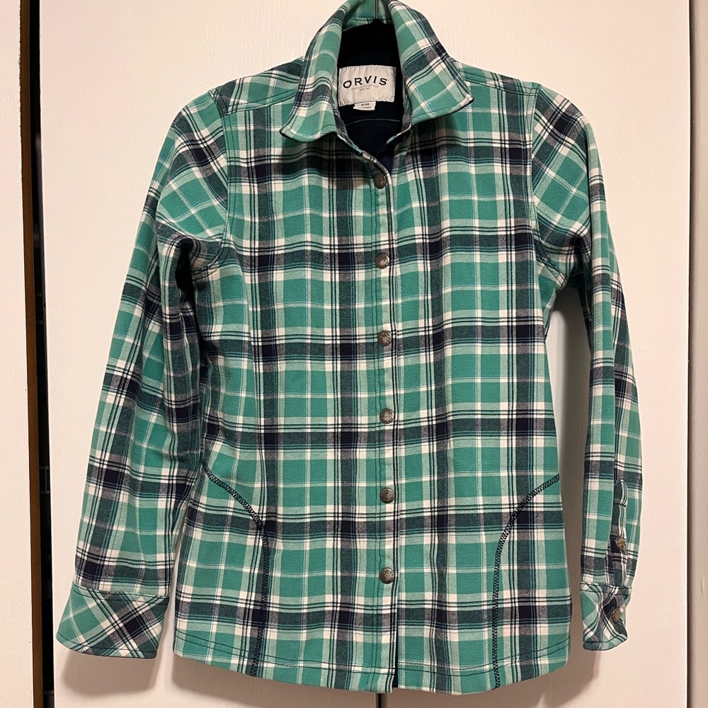 Orvis Green Plaid Navy Fleece Lined Flannel shirt jacket women’s small shacket